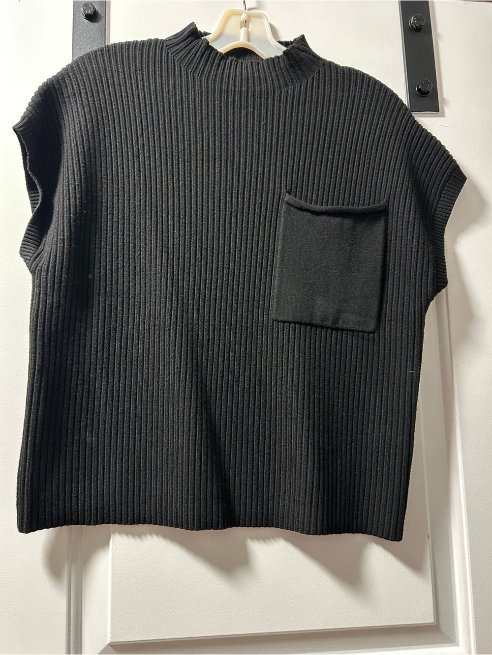 Black Ribbed Sleeveless Knit Top with Pocket